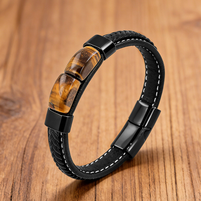 YAN MIN TRADE Armband, Leder, Tigerauge, Schwarz, Unisex - Bild 1