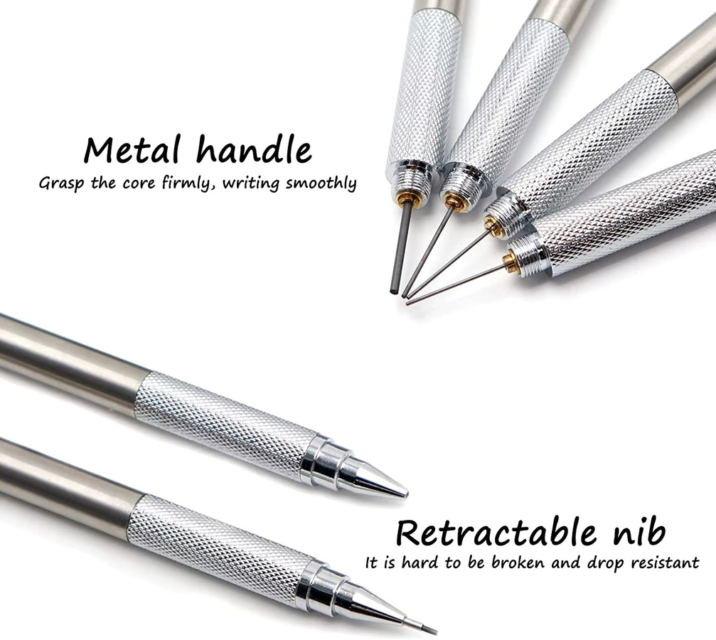 Hopk Vollmetall Druckbleistift-Set in Silber mit HB Graphitminen für Profis zum Zeichnen und Skizzieren - Bild 2