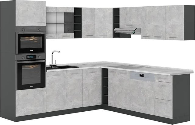 Vicco R-Line Eckküche in Beton-Optik und Anthrazit, moderne Küchenzeile mit Marmor-Design, B/T/H: 237 x 247 x 81,6 cm - Bild 1