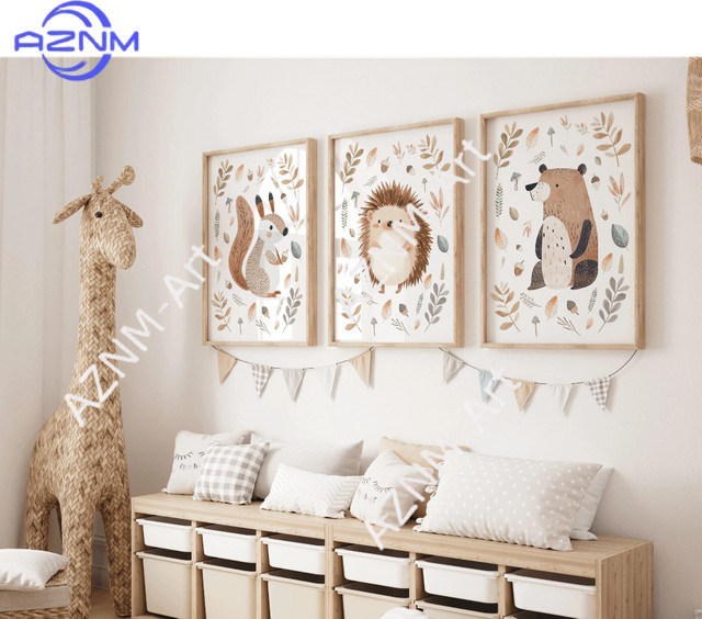 3-teiliges Set AZNM Wandbilder mit Waldtieren für das Kinderzimmer, mehrfarbige Paper Poster im skandinavischen Design - Bild 1