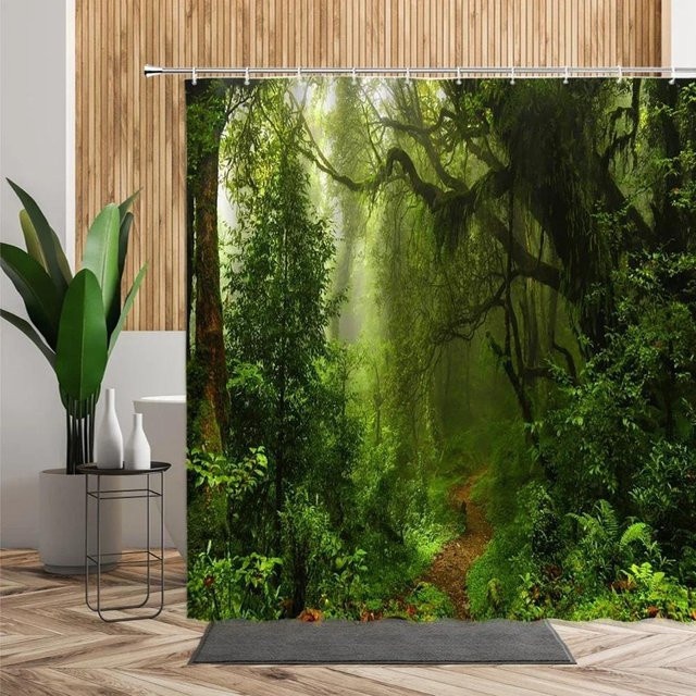 Wasserdichter 3D-Duschvorhang von Dunika Chen mit tropischem Wald-Motiv in Grün, B: 120 cm, H: 180 cm - Bild 1