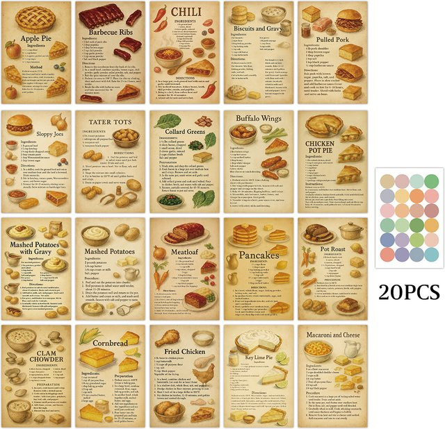20 Stück Rezept-Wandkarten aus Papier mit Zutatenlisten und Kochtipps in Mehrfarbig für die Küche - Bild 1