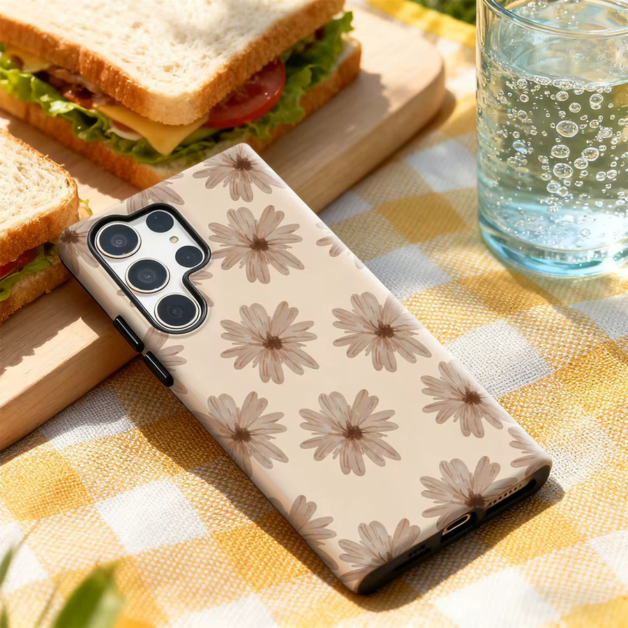 Glänzende Samsung Galaxy Handyhülle mit Blumenmuster in Braun für Galaxy S25 Ultra, S24 und S23 Ultra Plus mit doppellagiger Rückseite - Bild 2