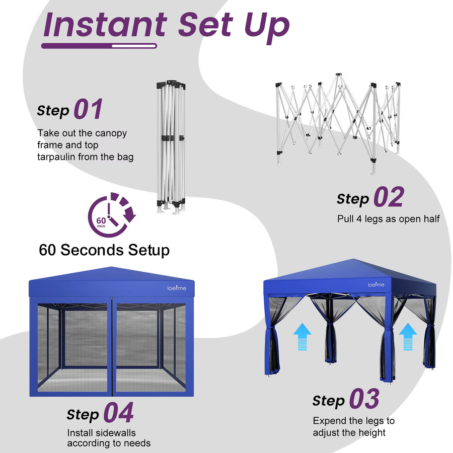 LOEFME Pop-Up Pavillon mit Moskitonetz in Blau, wasserdichtes Zelt mit UV-Schutz für Camping, Terrasse und Garten, B/T: 300 x 300 cm - Bild 3