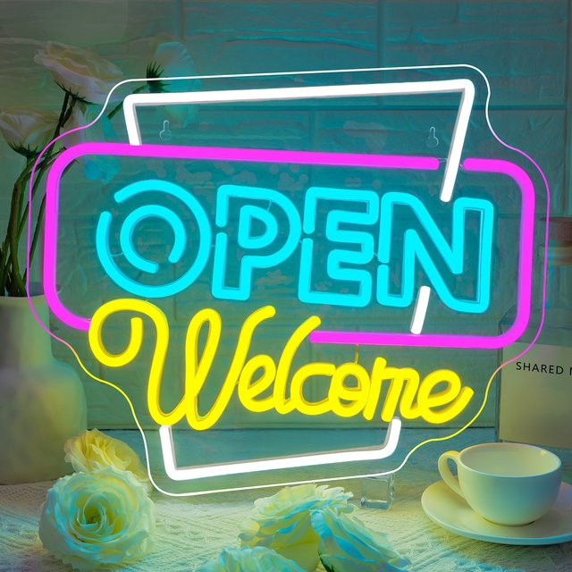 NEONAEON Open Welcome Neon-Schild, dimmbare USB-Neon-Leuchtreklame in Mehrfarbig, moderne Neon-Werbung für Schaufenster, Bar, Café oder Salon - Bild 1
