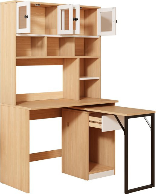 Aosom Computertisch drehbar mit Regal und Schrank in Natur und Weiß, B/T/H: 110 x 55 x 180 cm - Bild 1