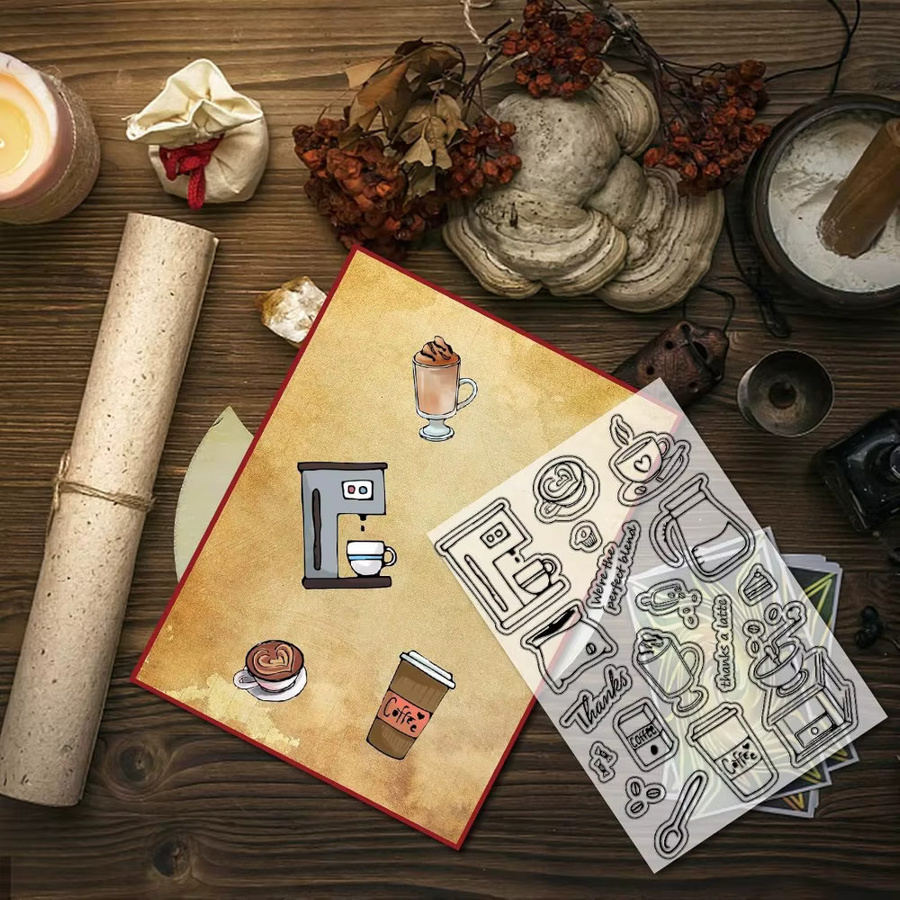 Transparente Silikon-Stempel mit Vintage-Kaffeemaschine und Text für Journaling und Karten - Bild 2