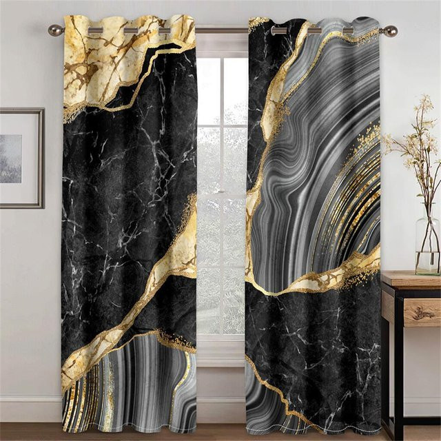 Elegante geometrische Vorhänge von Household supplies MH in Schwarz und Gold, 2er-Set mit Rod Pocket, semi-transparent, moderner Stil, Breite: 50 cm, Höhe: 60 cm - Bild 1
