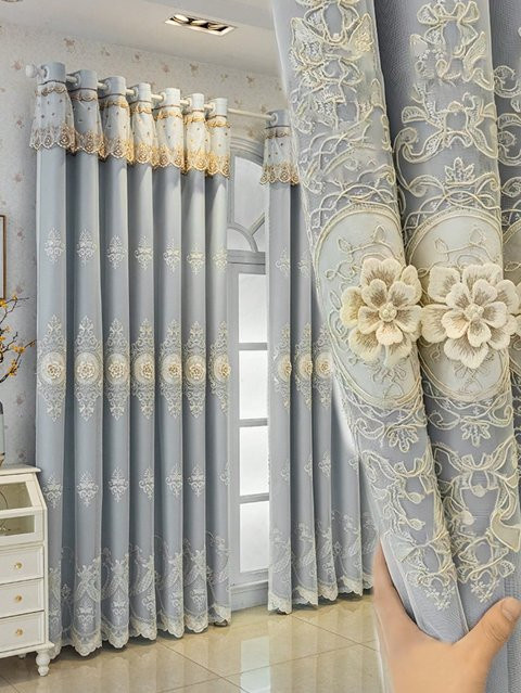 Verdunkelungs-Fensterschutz mit dreidimensionaler Blumenstickerei im europäischen Stil, Farbe: Grau - Bild 1