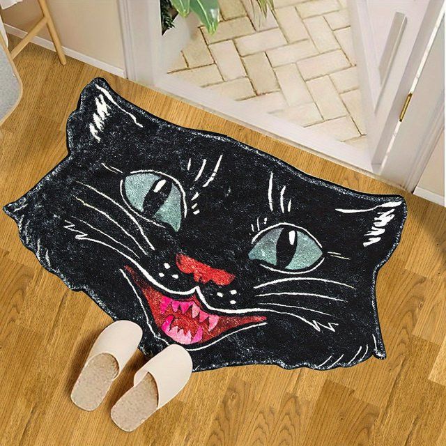 VIKAMA Teppich mit Cartoon Schwarz Katze Kopf Design als kreative Fußmatte für Wohnzimmer, Schlafzimmer oder Badezimmer in Schwarz - Bild 1