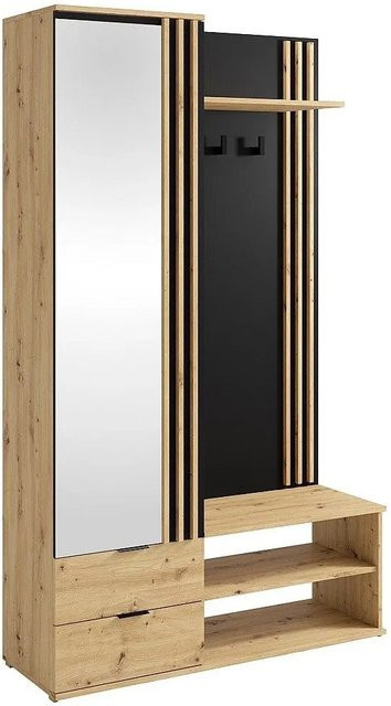 Vente-unique Flurgarderobe Janakia Schwarz und Naturfarben Hell mit Spiegel, B/T/H: 120 x 40 x 210 cm - Bild 1