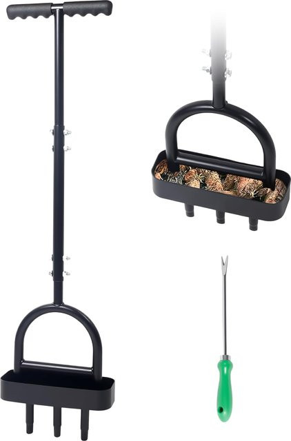Manueller Rasenlüfter aus Metall mit 3 Hohlzinken, Aerifizierer mit T-Griff, Auffangablage und Reinigungsgabel in Schwarz - Bild 1