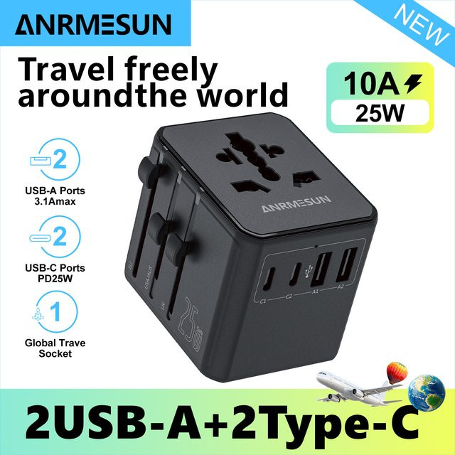 Jingmin Universal-Reiseadapter Schwarz mit 4 Wechselstrom-Steckdosen, 1 USB-Anschluss und 2 Typ-C-PD 25W All-in-One-Schnellladung für EU, UK und US - Bild 1