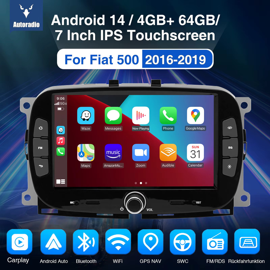 ESSGOO Android 14 Auto Stereo für FIAT 500 (2016-2019) mit 7 Zoll Display, 64GB, Wireless CarPlay, Android Auto, GPS, Bluetooth, WiFi und Rückfahrkamera-Unterstützung, Schwarz - Bild 2