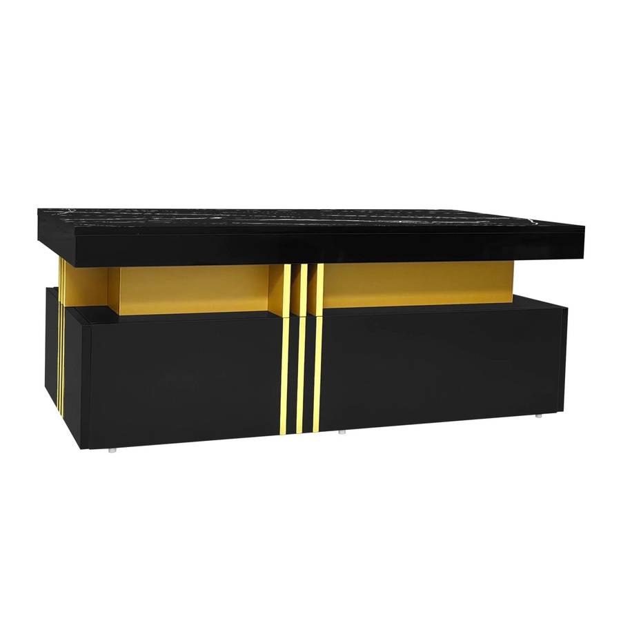 okwish Couchtisch Rechteckig mit Hochglanzplatte und 2 Holzschubladen in Schwarz und Gold, B/T/H: 100 x 50 x 44 cm - Bild 2