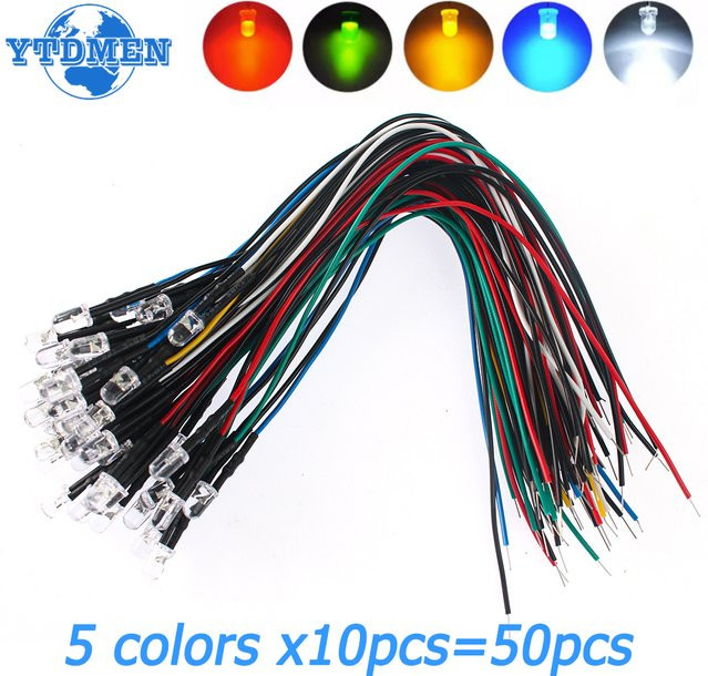 YTDMEN LED Diode Set 50 Stück vorverdrahtet 12V 5mm mit 20cm Kabel in 5 Farben Weiß Rot Grün Blau Gelb - Bild 1