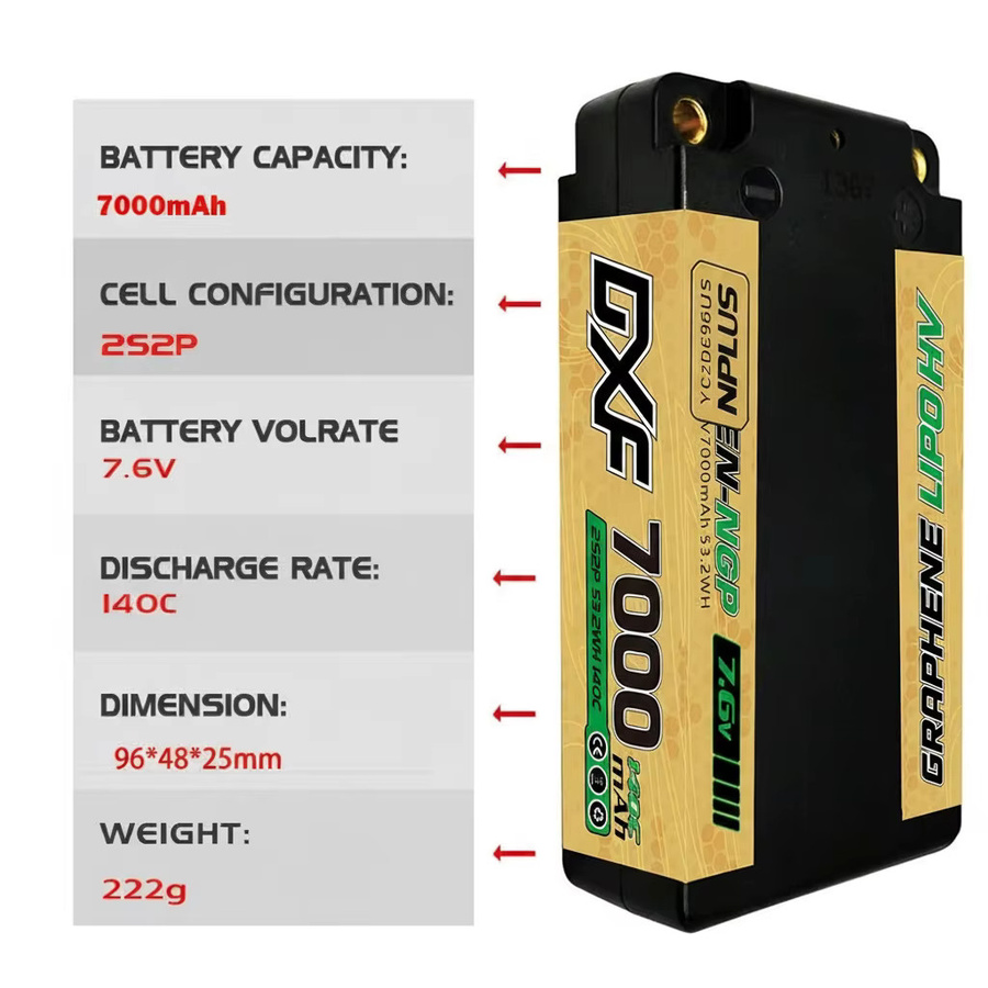 DXF 2S Shorty Lipo Akku 7,6V 7000mAh 140C Hardcase mit T-Stecker für 1/10 Buggy Truggy Offroad RC Autos und Helikopter - Bild 2