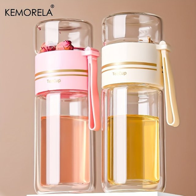 KEMORELA Doppelwandige Teekanne aus Borosilikatglas mit Edelstahl-Sieb, 520 ml, Transparent/Pink - Bild 1