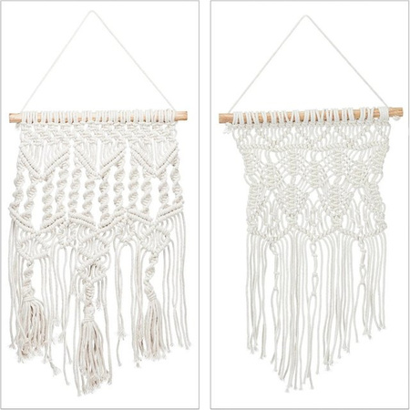 Relaxdays Makramee Wandbehang 2er Set Boho aus Baumwolle und Kiefernholz in Beige/Weiß, B: 60 cm, T: 30 cm, H: 1,5 cm
