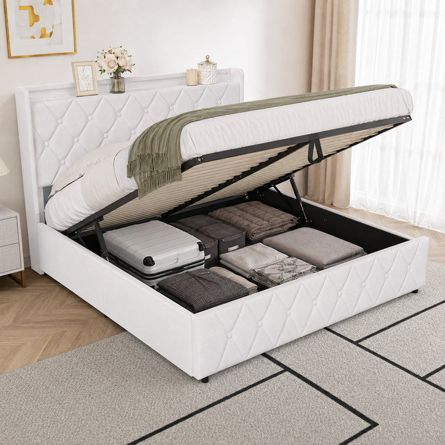 KeepGoon Polsterbett aus Samt mit Gaslift-Staufach und schwebendem Design in Beige, B/T/H: 160 x 200 cm - Bild 1