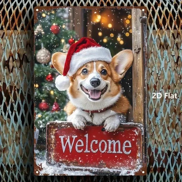 Corgi Weihnachts-Wanddekoration aus Metall mit Willkommen-Schild, B: 20,3 cm, H: 30,5 cm - Bild 1
