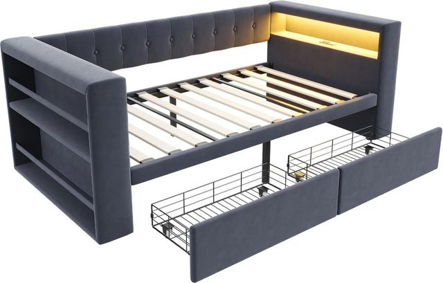 Merax Polsterbett mit LED-Beleuchtung, USB-Ladeport und Stauraum in Grau, B/T/H: 90 x 190 x 43,86 cm - Bild 1