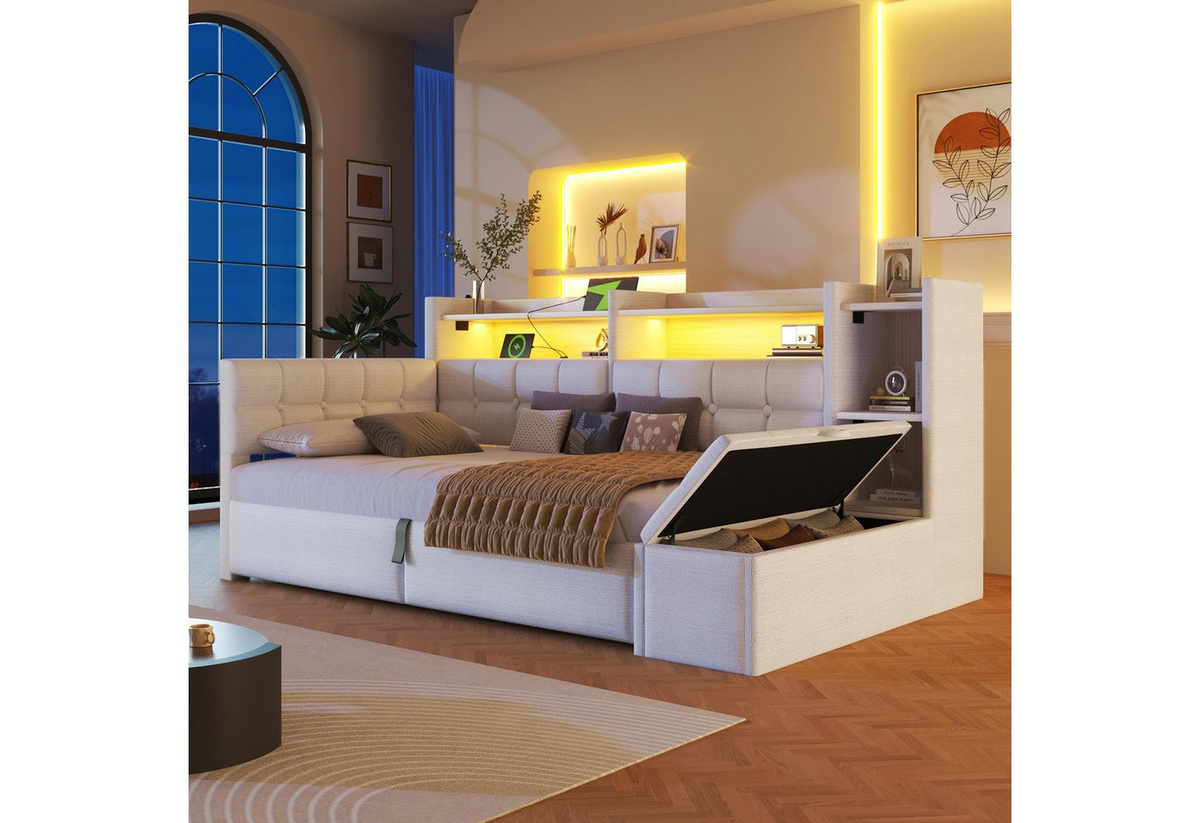 Merax Daybett aus Samt mit LED-Lichtleiste, USB- und Typ-C-Anschlüssen sowie Bettkasten und Stauraum, B/T/H: 90 x 200 cm - Bild 1