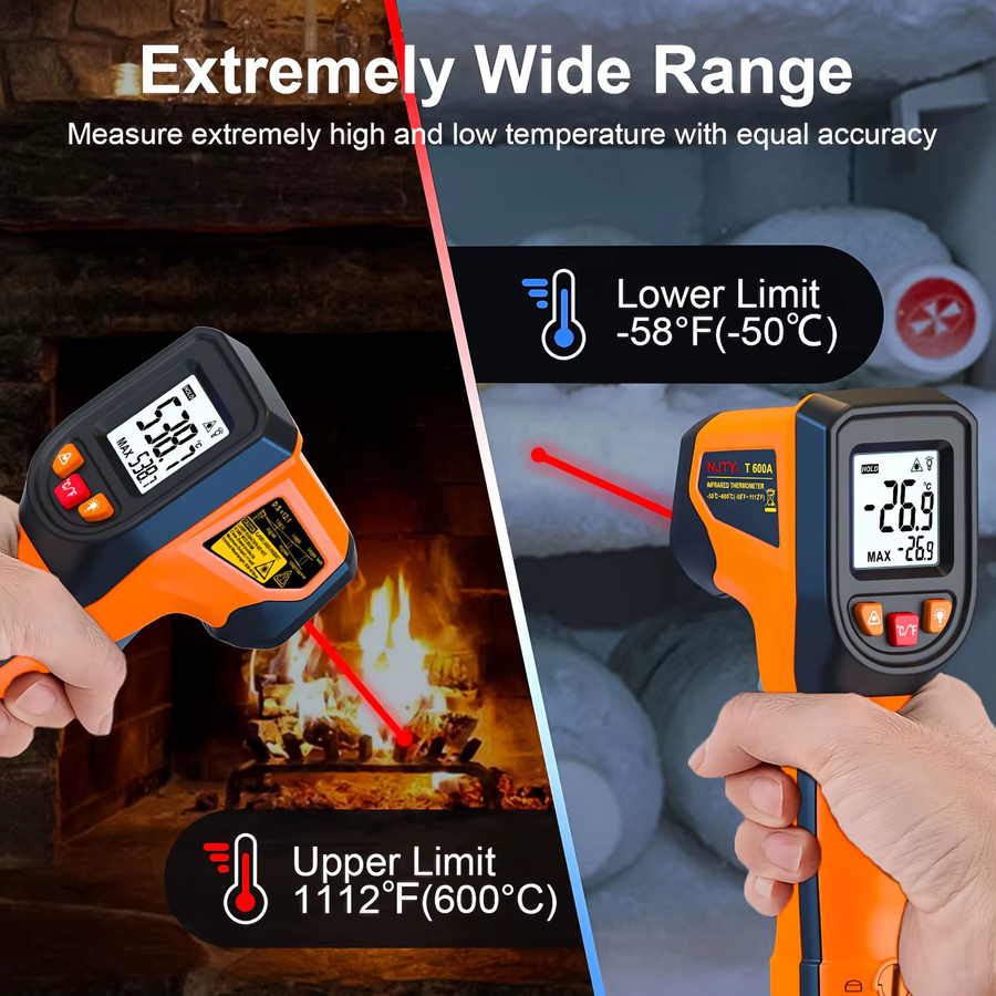 Njty T600 T600A Infrarot-Thermometer Laser-Temperaturpistole Digitales Pyrometer mit LCD-Anzeige in Orange - Bild 4