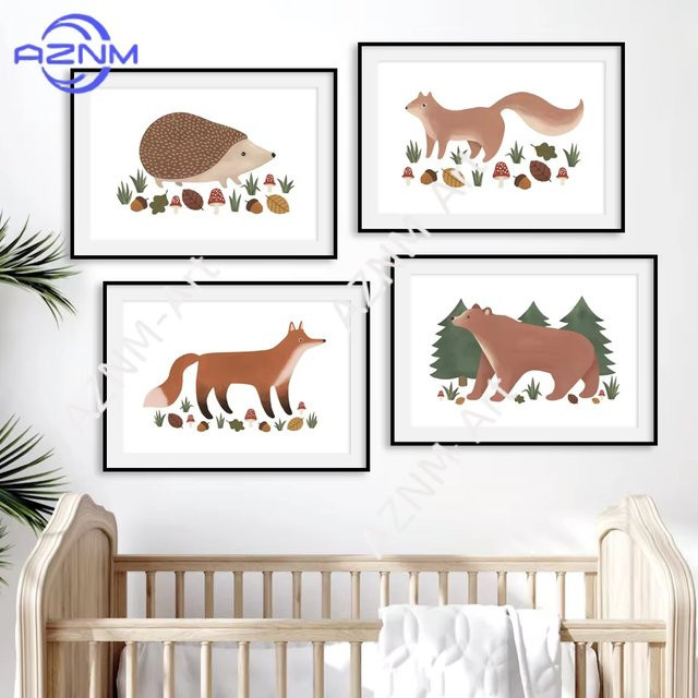 AZNM Wandkunst Leinwandgemälde mit Wald-Alphabet und Tieren wie Igel, Fuchs, Bär und Eichhörnchen in Mehrfarbig - Bild 1