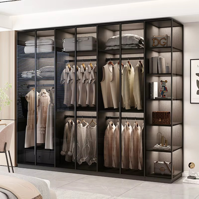 OMGD Kombinations-Kleiderschrank in Schwarz mit Glastüren, integrierter Beleuchtung und Kleiderstange, modern und glänzend, H x B x T: 200 x 60 x 60 cm - Bild 2