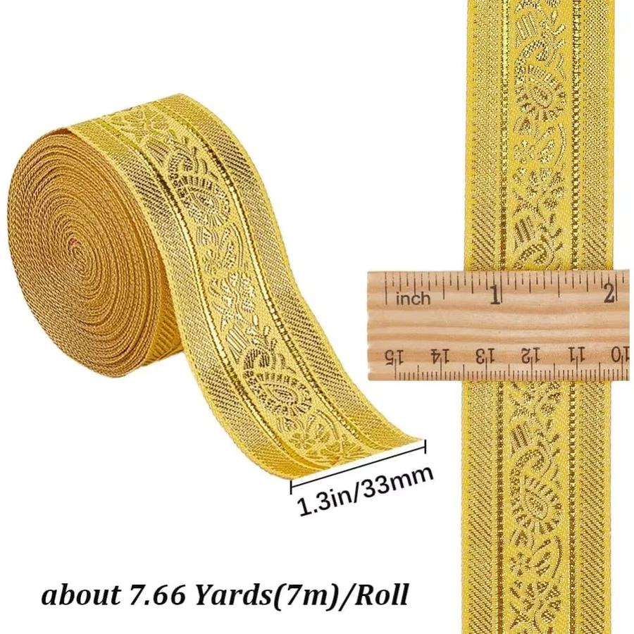 Ethnische Jacquard-Tyrol-Bänder mit floraler Webverzierung und goldfarbenem Glitzer für dein DIY-Nähzubehör, Breite: 3,28 cm - Bild 2