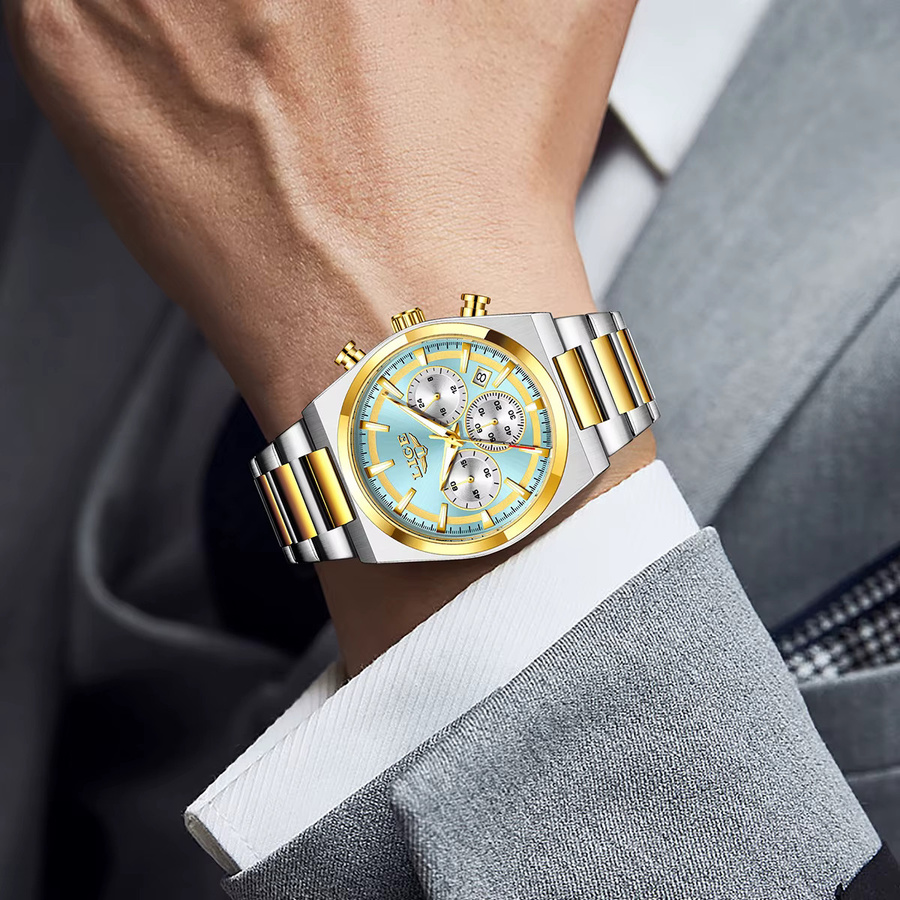 LIGE Armbanduhr Chronograph, Quarz, Edelstahl, Gold, Herren - Bild 6