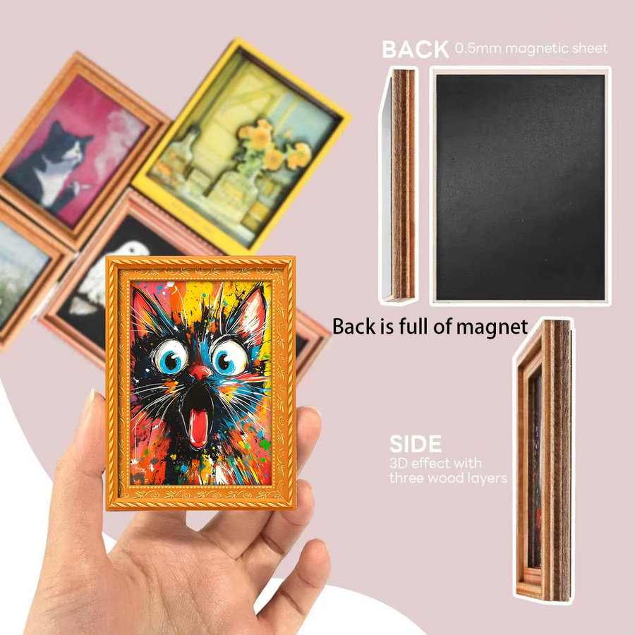 Abstrakter Comic-Katzen-Kühlschrankmagnet aus Holz in Multicolour als Mini-Fotorahmen zur Wanddekoration - Bild 4