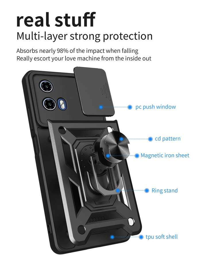 Magnetische Schutzhülle für Motorola Moto G34 5G mit Kameraobjektiv-Abdeckung und Ringhalterung in Schwarz oder Gold - Bild 5