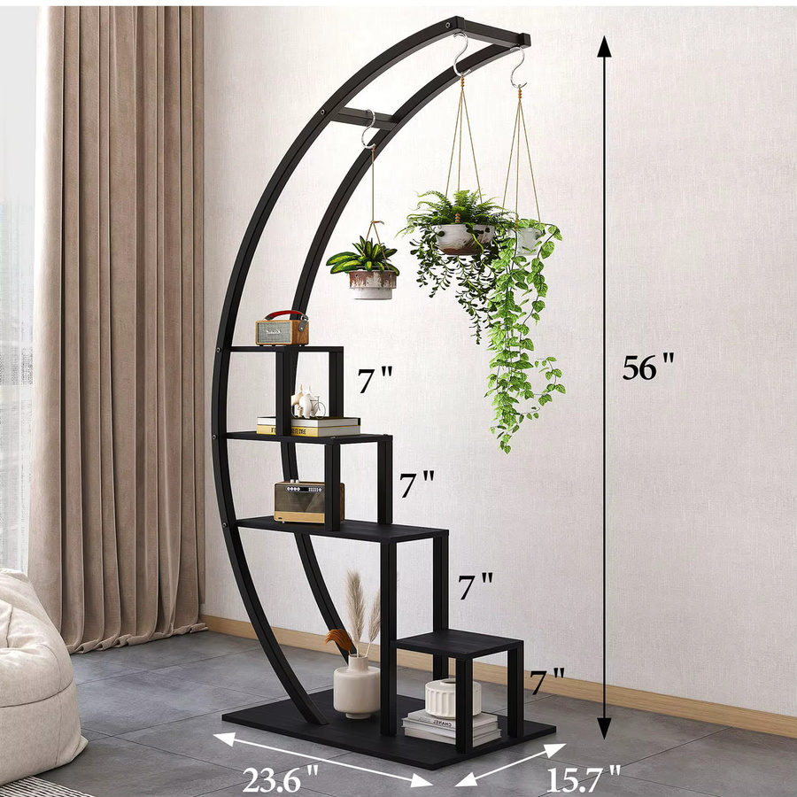 HiMISS 5-stufiger Metall-Pflanzenständer in Halbmondform in Schwarz für Garten, Terrasse und Wohnzimmer - Bild 4