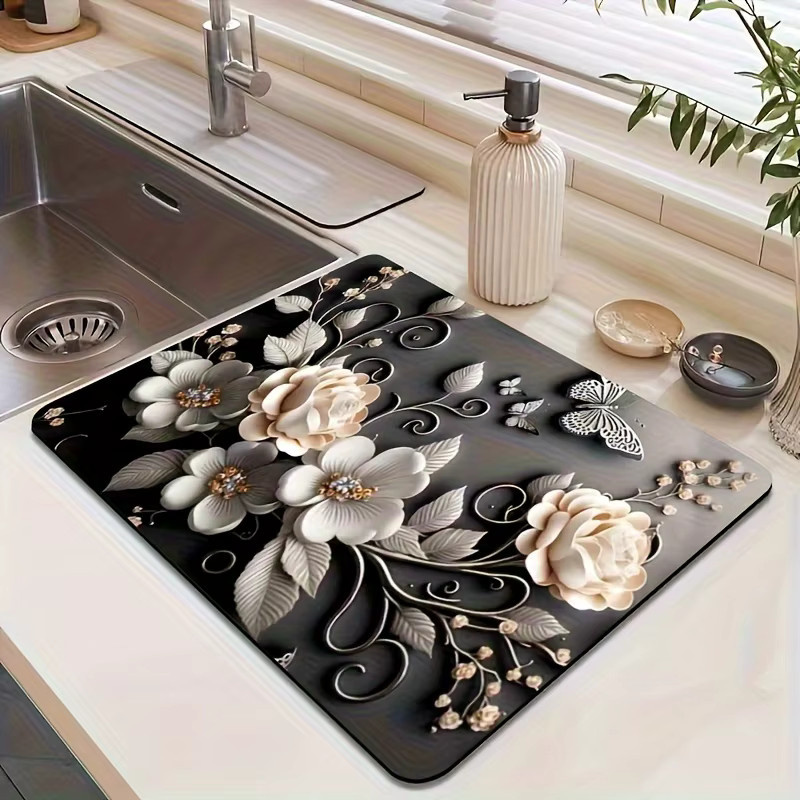 VIKAMA Abtropfmatte mit 3D Rosen-Relief-Druck, saugfähige und rutschfeste Matte für die Küchenarbeitsplatte oder Kaffeebar - Bild 1