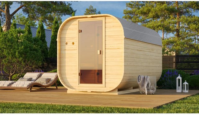Karibu Fassauna Quadro 3 Blockhaus aus nordischer Fichte naturbelassen mit 9 kW Ofen und externer Steuerung - Bild 1