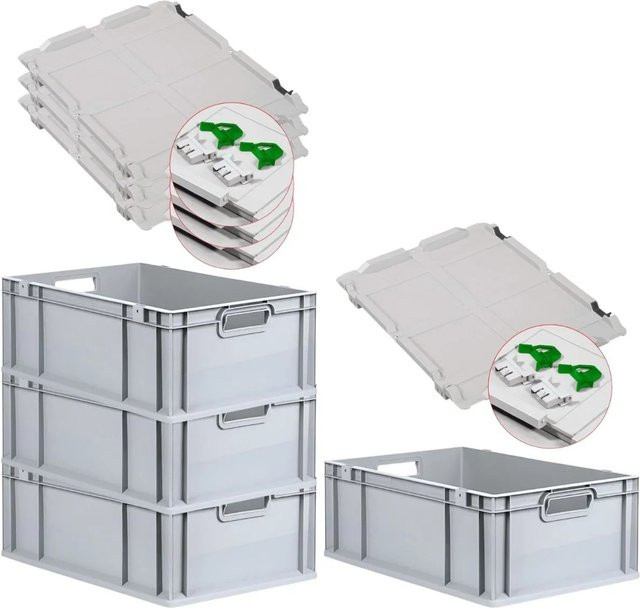 PROREGAL SuperSparSet 4x Eurobox NextGen Grip mit Scharnierdeckel und grünen Schiebeschnappverschlüssen, Grau, H: 22 cm, B: 40 cm, T: 60 cm - Bild 1