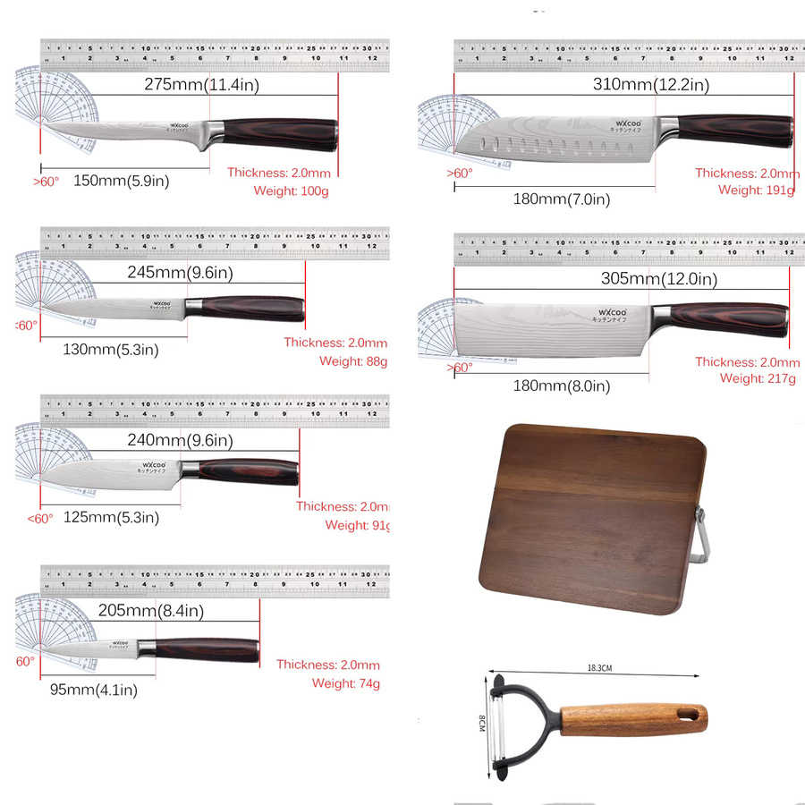 WXCOO Damaszener Santoku-Küchenmesser mit Holzgriff als Allzweckmesser für Fisch und Obst - Bild 3