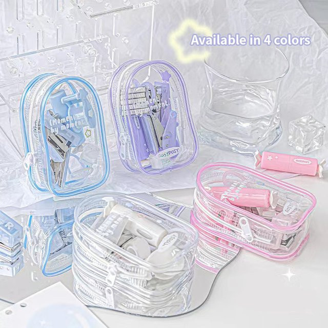 Tragbares Mini-Büroset mit Schere, Locher und Hefter in Transparent und Weiß - Bild 1