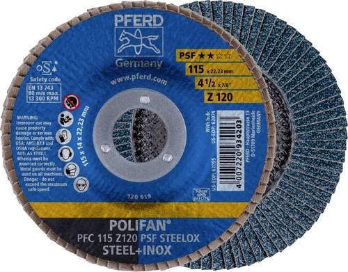PFERD POLIFAN Fächerschleifscheibe PSF STEELOX für Stahl und Edelstahl, Farbe Blau, Durchmesser: 115 mm, Bohrungs-Ø: 22,23 mm, Körnung: 120 - Bild 1