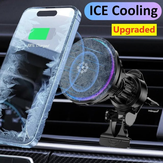 VIKEFON Magnetisches kabelloses Auto Ladegerät mit Eis-Kühlung, 15W Schnellladestation und magnetischem Handyhalter für iPhone 15 14 13 12 Pro Max, Schwarz - Bild 1