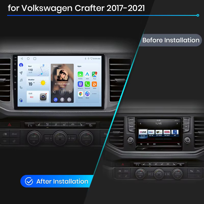 Junsun Wireless CarPlay und Android Auto Autoradio für Volkswagen Crafter Mk2 (SY/SZ) 2017-2021 in Schwarz mit GPS, WiFi, Bluetooth und integriertem Lüfter - Bild 2