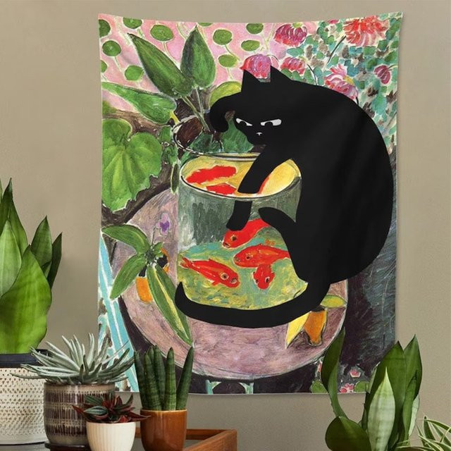 VIKAMA Matisse Wandteppich mit Goldfischglas und schwarzer Katze in Multicolour, moderner abstrakter Textil-Wandteppich für dein Wohnzimmer oder Arbeitszimmer, Breite: 60 cm, Höhe: 40 cm - Bild 1