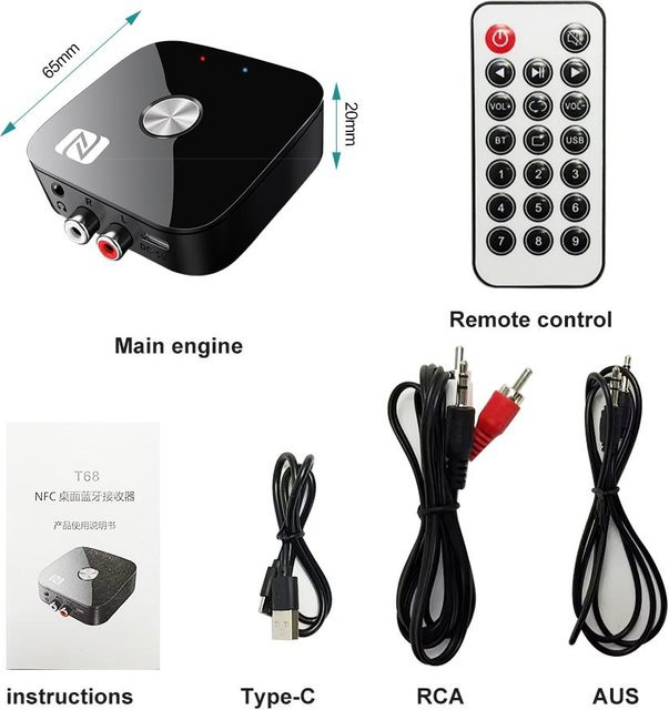 Meiteai-All NFC Bluetooth 5.3 Empfänger mit Fernbedienung, Wireless Audio Adapter mit 2RCA, 3,5 mm Klinke und USB-C, Schwarz - Bild 1