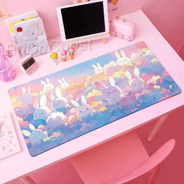 BuDuCoost Mauspad mit weißem Kaninchen und Pastell-Wolken Design, erweitertes Schreibtischunterlage für E-Sports und Büro, Weiß/Mehrfarbig - Bild 1