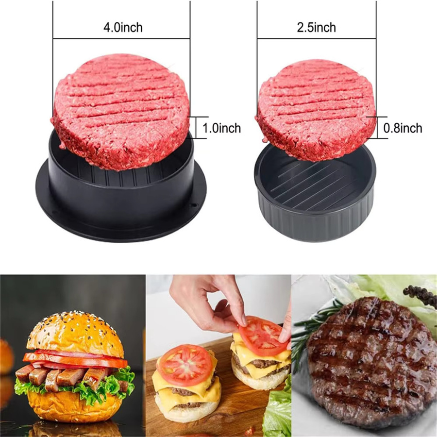 3-in-1 Hamburgerpresse in Schwarz für gefüllte Burger-Patties, runde Form, antihaftbeschichtete Grillpresse aus Kunststoff - Bild 3