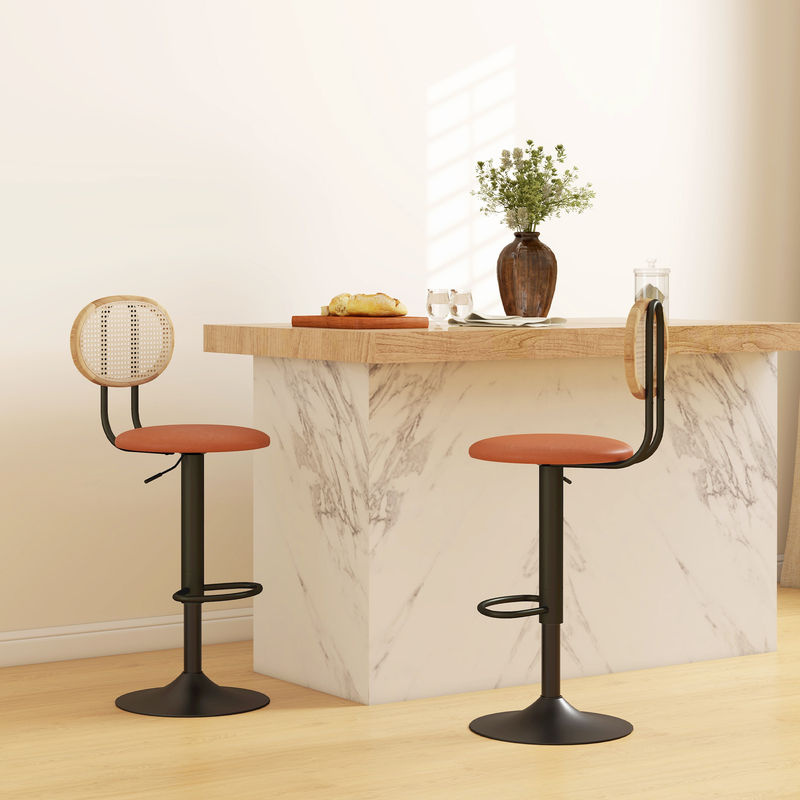 HOMCOM Set mit 2 Barhockern in Braun, höhenverstellbare Barhocker mit Rattanrückenlehne und Fußstütze, moderner Hochhocker aus Holz mit synthetischer Beschichtung von Aosom - Bild 2