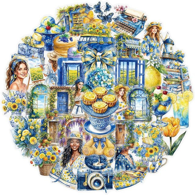 50 Stück BulingBulingStickers Store Transparente PET-Aufkleber im Blau-Gelben Aquarell-Landhausstil für DIY-Dekorationen von Handyhüllen und Tagebüchern - Bild 1