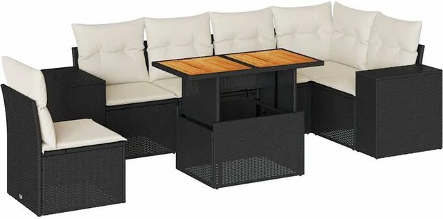 vidaXL 7-teilige Garten-Sofagarnitur aus Polyrattan in Schwarz mit Kissen und L-Form - Bild 1
